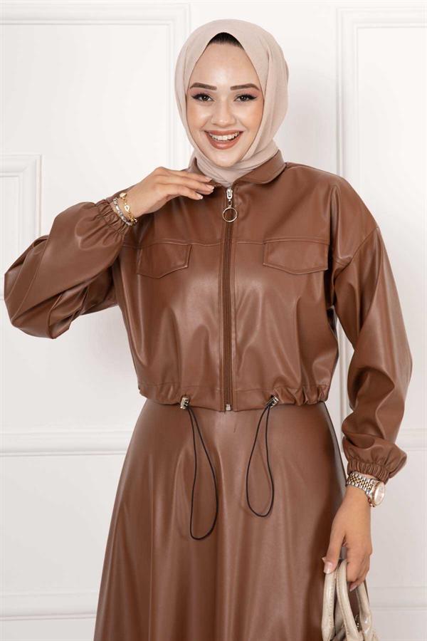 Skirted Leather 2 Piece Set Tan