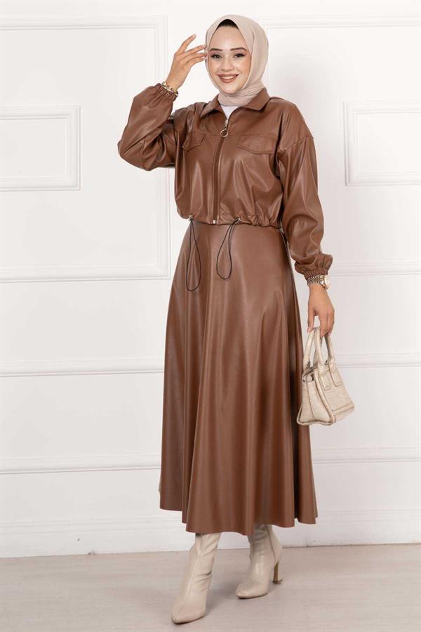 Skirted Leather 2 Piece Set Tan