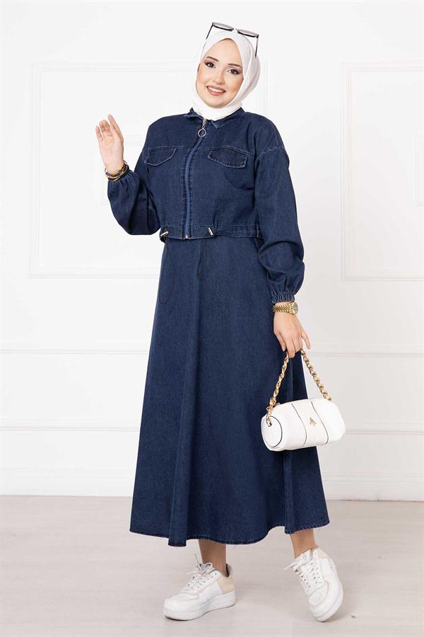Skirted Denim 2 Piece Set Navy Blue