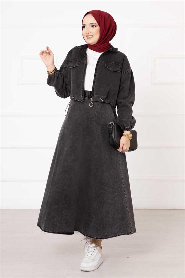 Skirted Denim 2 Piece Set Black