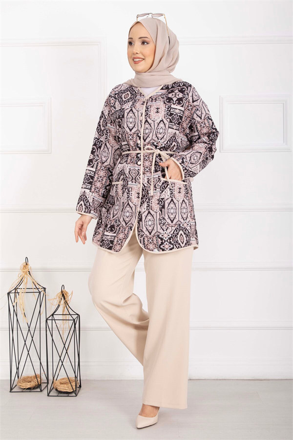 Ethnic Patterned Trimmed Jacket 2 Piece Set, Beige