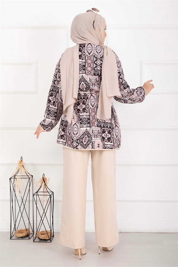 Ethnic Patterned Trimmed Jacket 2 Piece Set, Beige
