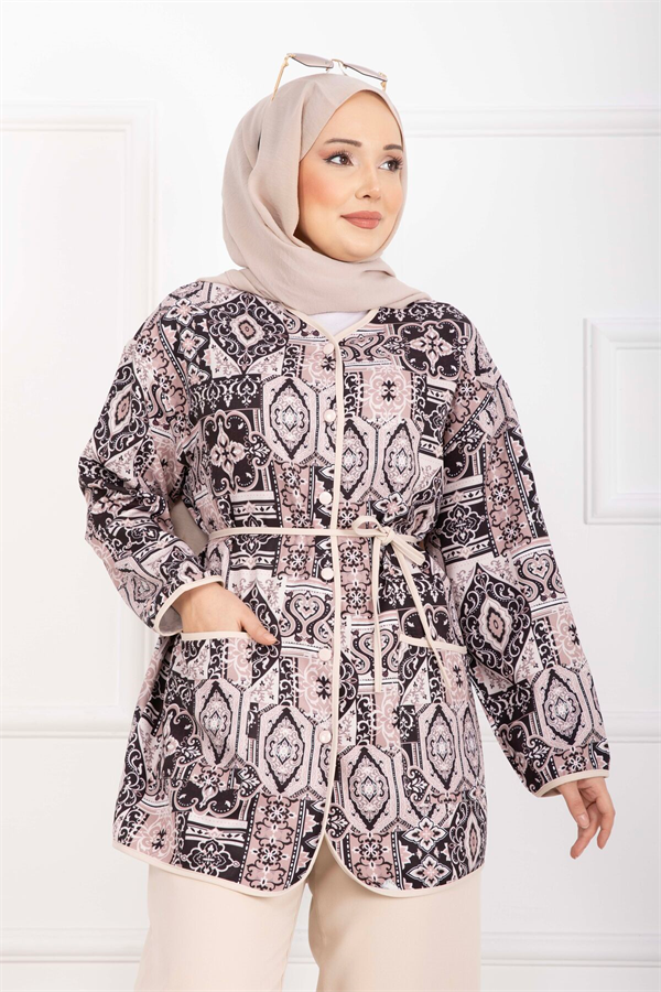 Ethnic Patterned Trimmed Jacket 2 Piece Set, Beige