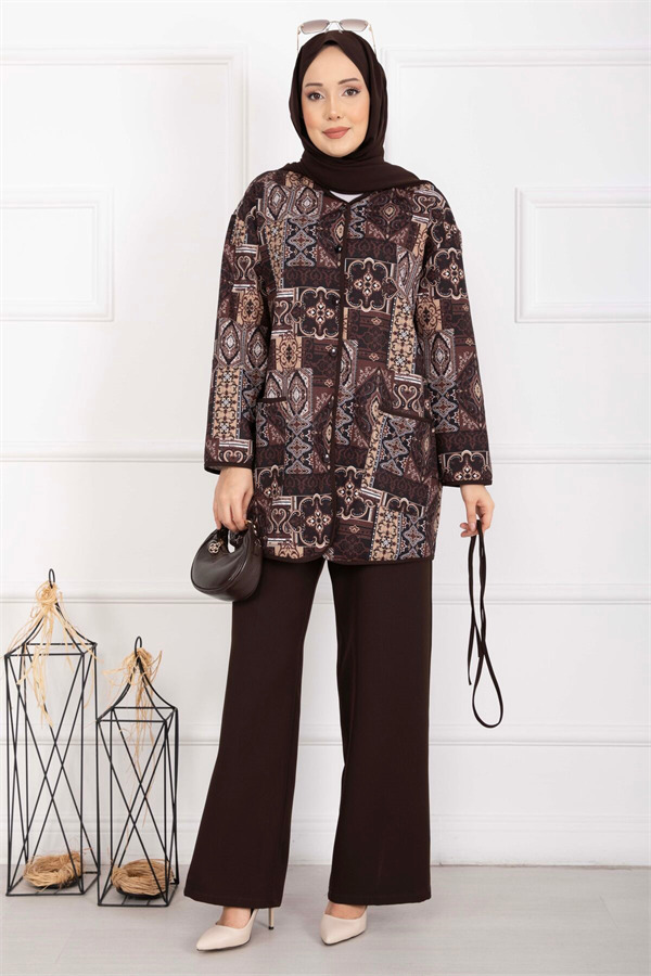 Ethnic Patterned Trimmed Jacket 2 Piece Set, Coffee