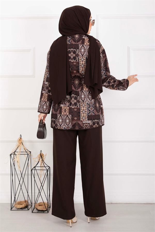 Ethnic Patterned Trimmed Jacket 2 Piece Set, Coffee