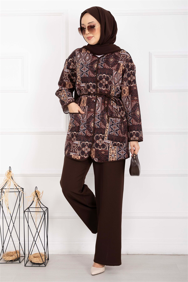 Ethnic Patterned Trimmed Jacket 2 Piece Set, Coffee