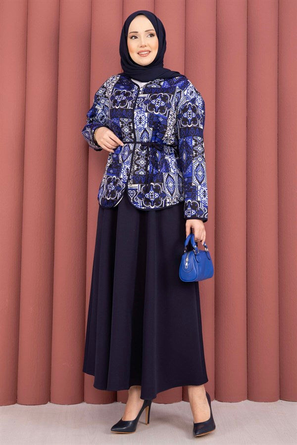 Ethnic Pattern Jacket & Skirt 2 Piece Set, Navy Blue