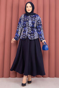 Ethnic Pattern Jacket & Skirt 2 Piece Set, Navy Blue