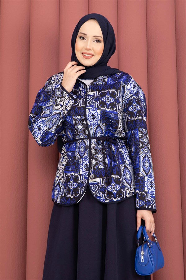 Ethnic Pattern Jacket & Skirt 2 Piece Set, Navy Blue