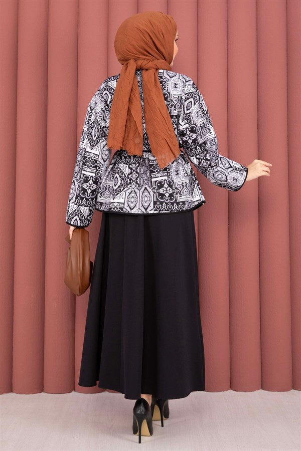 Ethnic Pattern Jacket & Skirt 2 Piece Set, Black