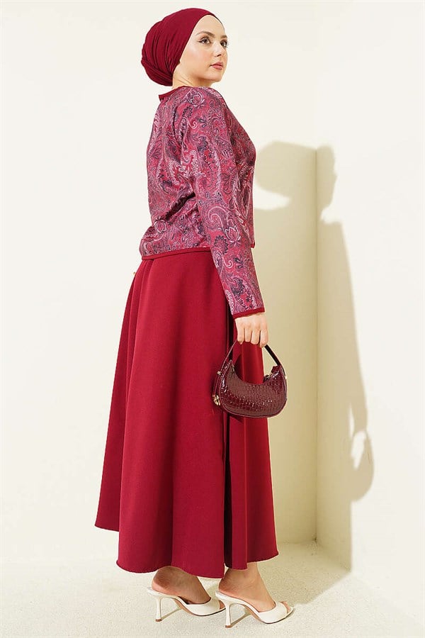 Ethnic Pattern Jacket and Skirt 2 Piece Set, Burgundy