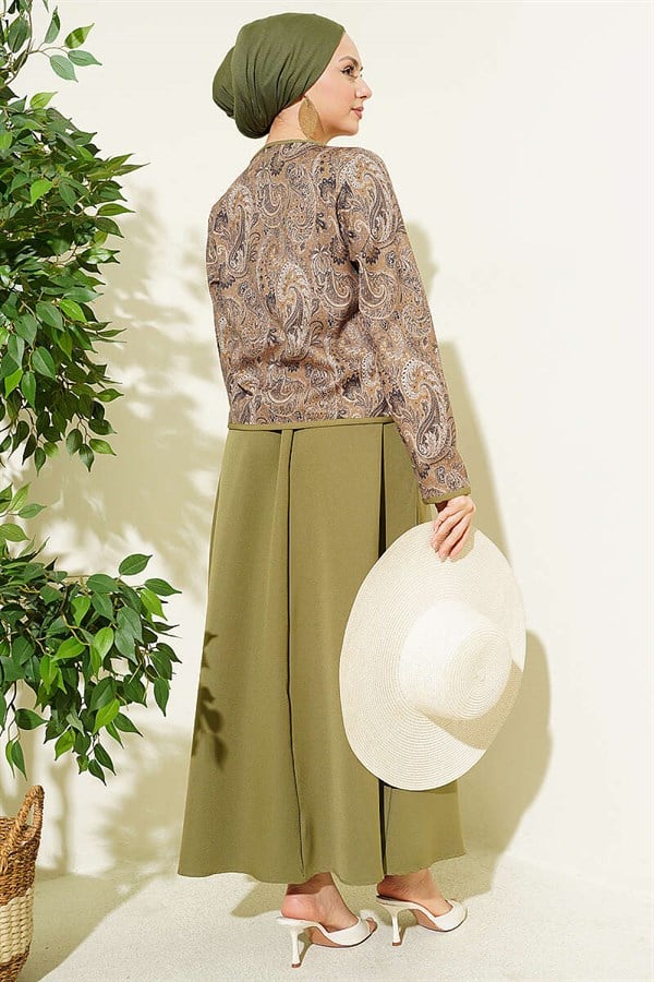 Ethnic Patterned Jacket and Skirt 2 Piece Set, Light Green