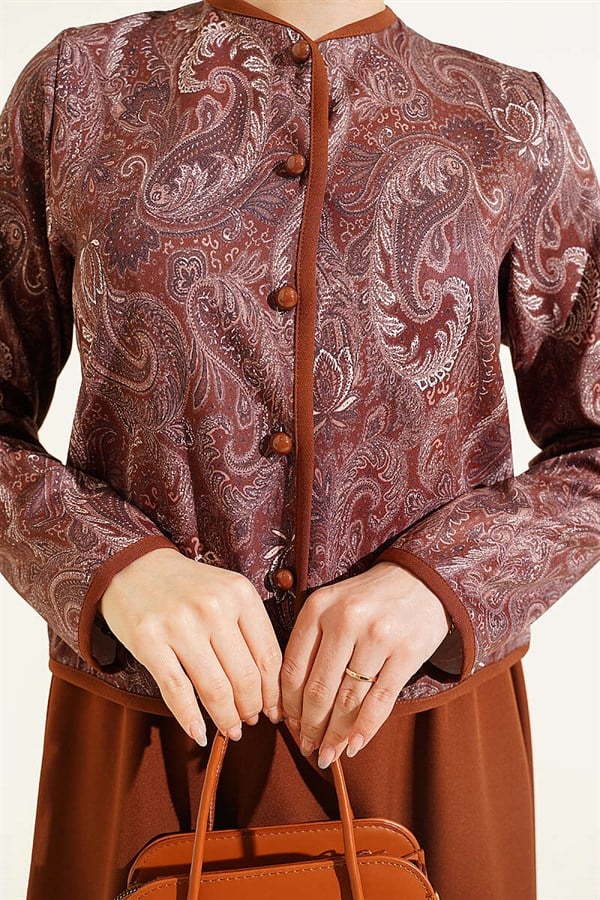 Ethnic Pattern Jacket and Skirt 2 Piece Set, Coffee