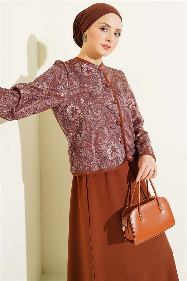 Ethnic Pattern Jacket and Skirt 2 Piece Set, Coffee
