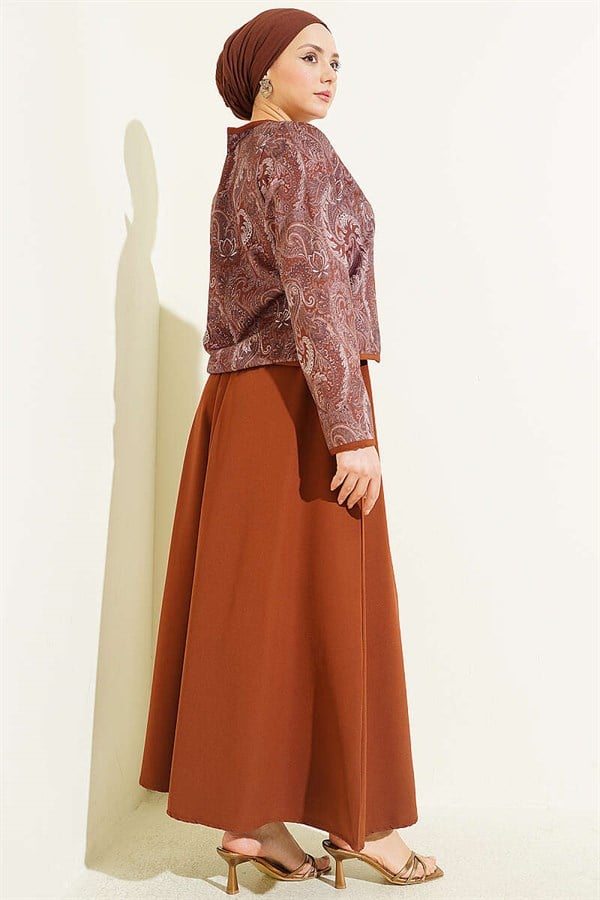 Ethnic Pattern Jacket and Skirt 2 Piece Set, Coffee