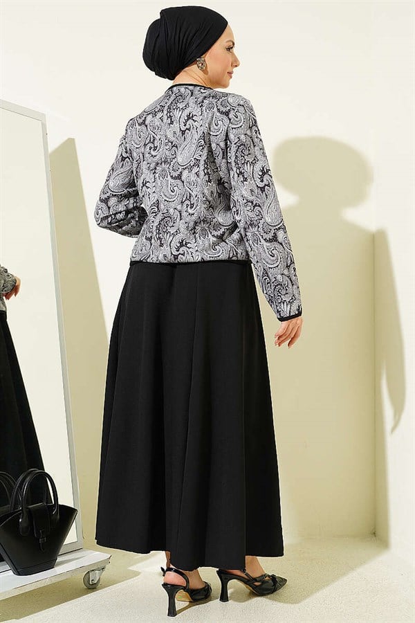Ethnic Pattern Jacket and Skirt 2 Piece Set, Black