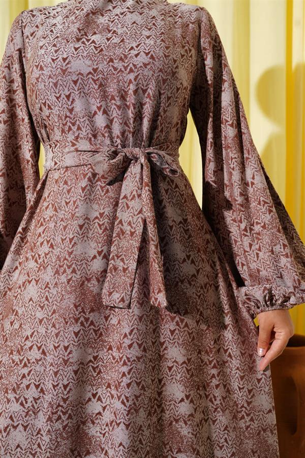Ethnic Pattern Detailed Belted Dress Brown