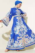 Etnik Desen Düğmeli Kemerli Elbise Saks