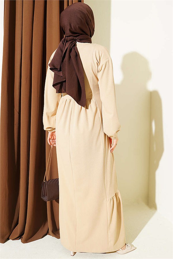 Beige Knitted Dress with Ethnic Pattern Embroidery