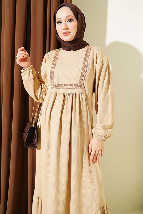 Beige Knitted Dress with Ethnic Pattern Embroidery