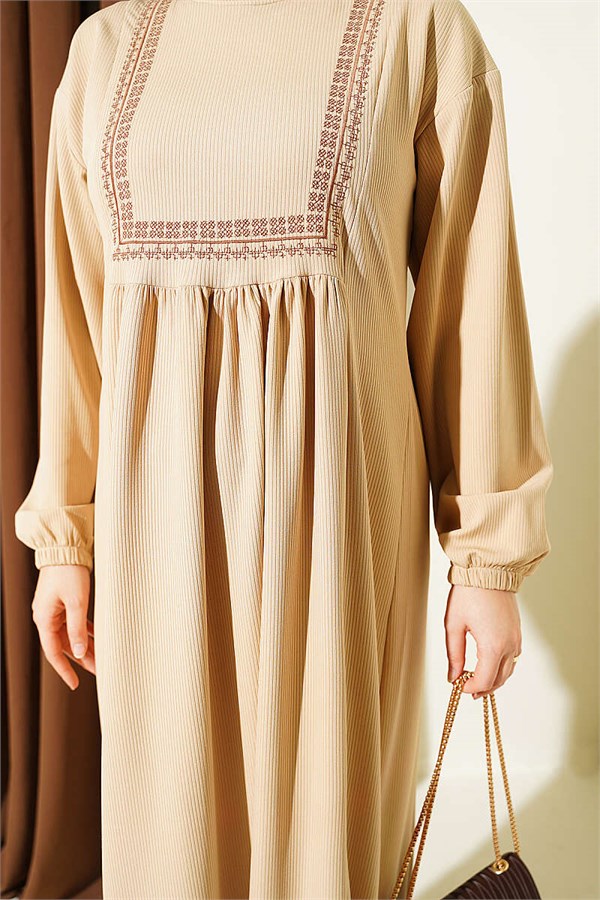 Beige Knitted Dress with Ethnic Pattern Embroidery