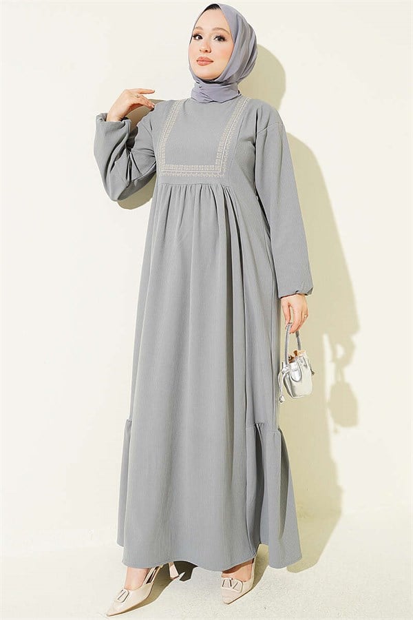 Ethnic Pattern Embroidered Knitted Dress Grey