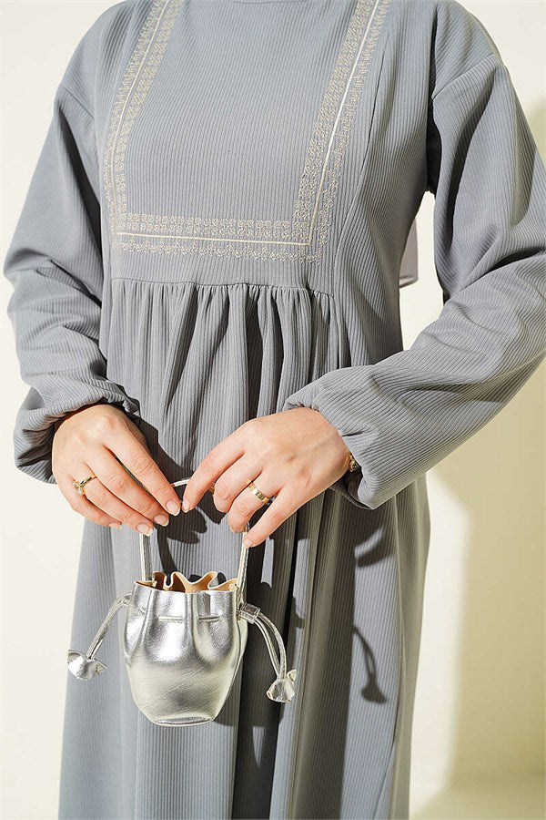 Ethnic Pattern Embroidered Knitted Dress Grey