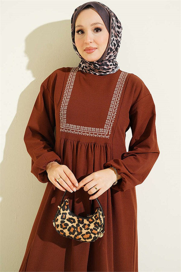 Ethnic Pattern Embroidered Knitted Dress, Coffee
