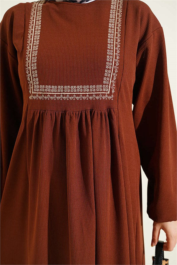 Ethnic Pattern Embroidered Knitted Dress, Coffee