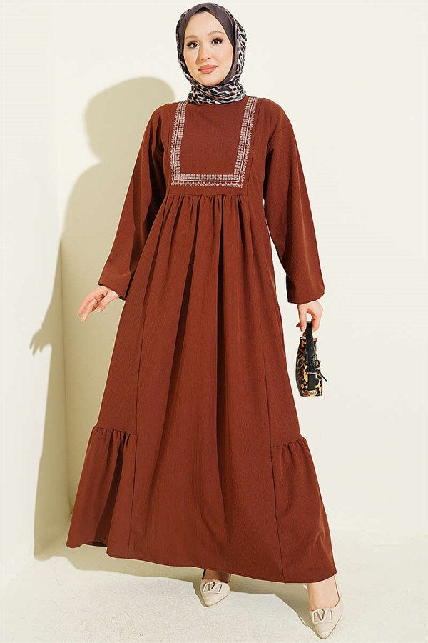 Ethnic Pattern Embroidered Knitted Dress, Coffee
