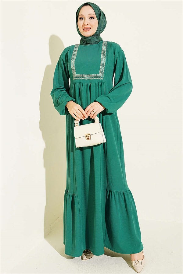 Ethnic Pattern Embroidered Knitted Dress Green