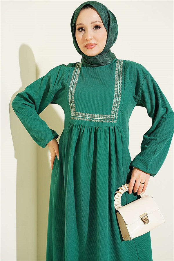 Ethnic Pattern Embroidered Knitted Dress Green