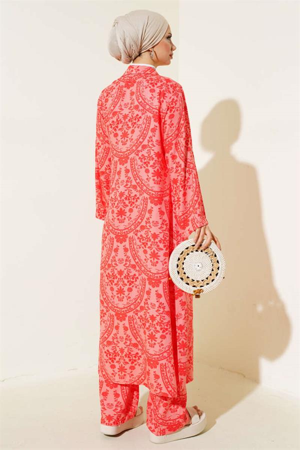 Ethnic Pattern Long Tunic 2 Piece Set Coral