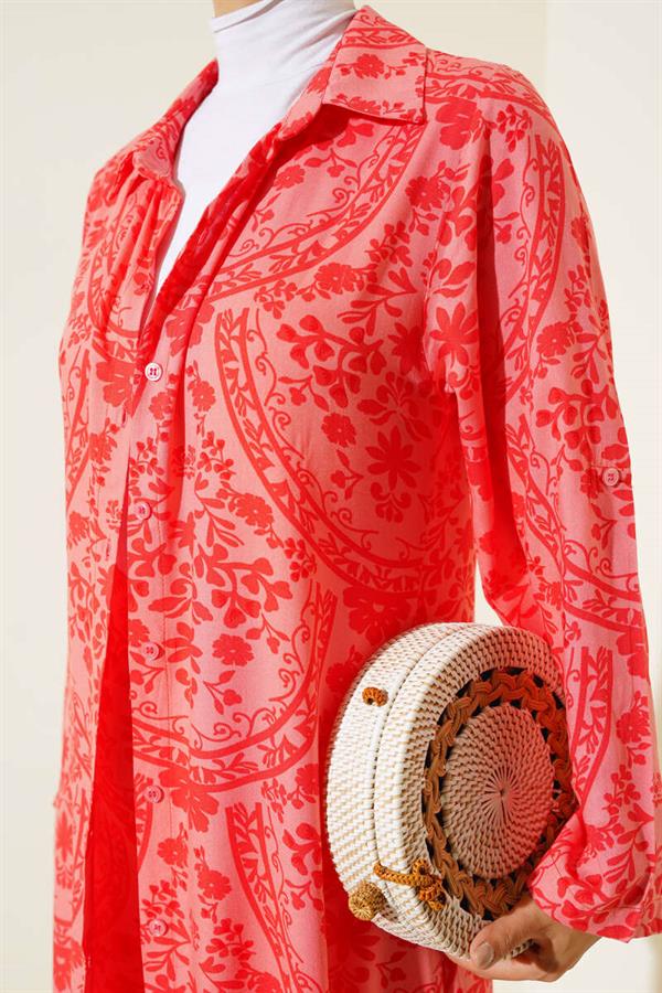 Ethnic Pattern Long Tunic 2 Piece Set Coral