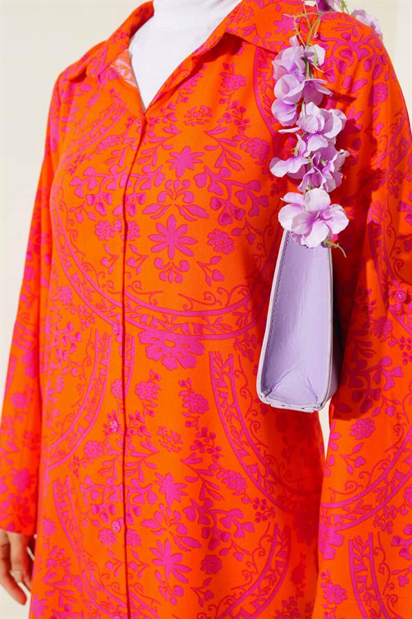 Ethnic Pattern Long Tunic 2 Piece Set Orange Fuchsia