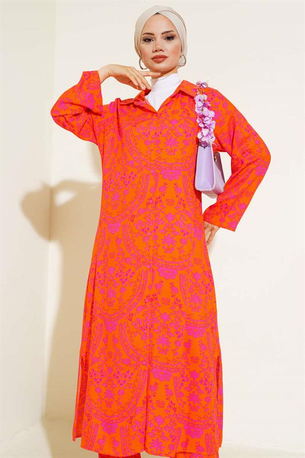 Ethnic Pattern Long Tunic 2 Piece Set Orange Fuchsia