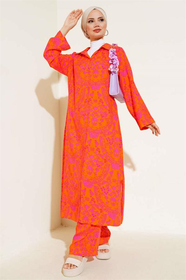 Ethnic Pattern Long Tunic 2 Piece Set Orange Fuchsia