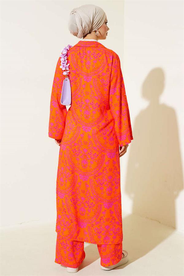 Ethnic Pattern Long Tunic 2 Piece Set Orange Fuchsia