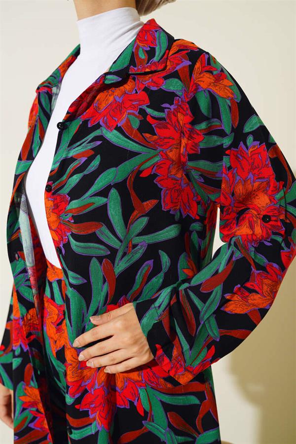 Ethnic Pattern Long Tunic 2 Piece Set Black Orange
