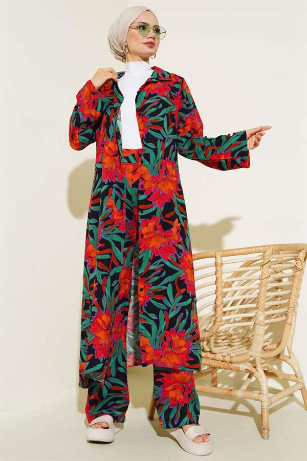 Ethnic Pattern Long Tunic 2 Piece Set Black Orange