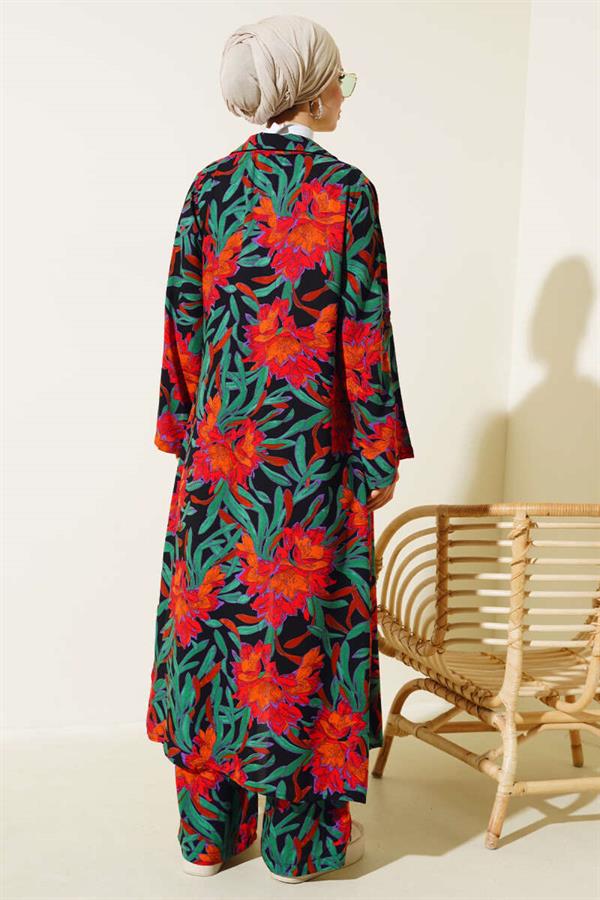 Ethnic Pattern Long Tunic 2 Piece Set Black Orange