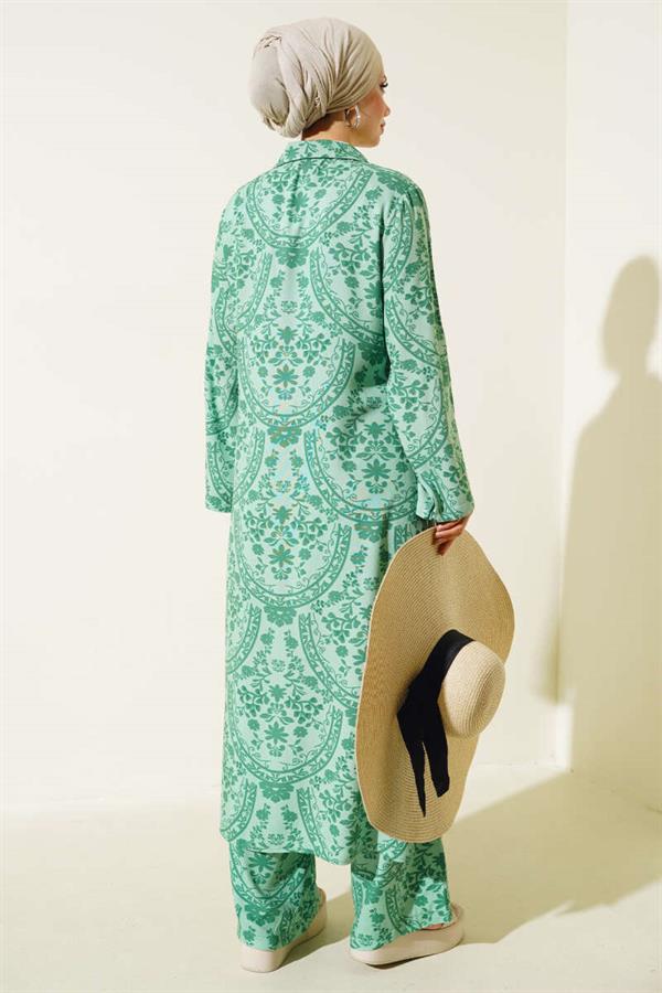 Ethnic Pattern Long Tunic Set Green