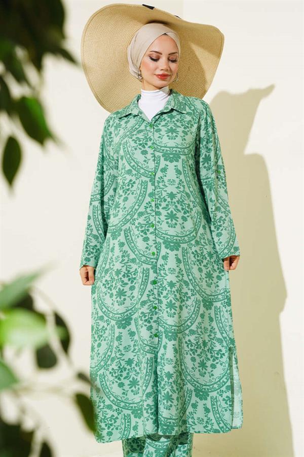 Ethnic Pattern Long Tunic Set Green