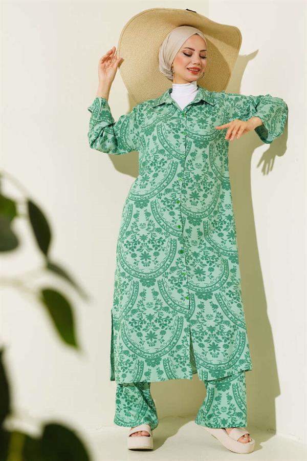 Ethnic Pattern Long Tunic Set Green