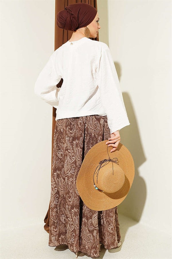 2 Piece Set with Ethnic Patterned Scarf and Skirt, Coffee