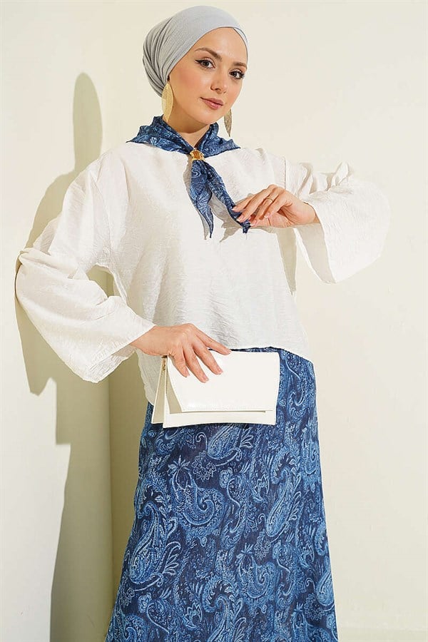 2 Piece Set with skirt and scarf, navy blue, featuring ethnic pattern.