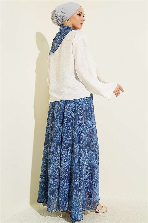 2 Piece Set with skirt and scarf, navy blue, featuring ethnic pattern.