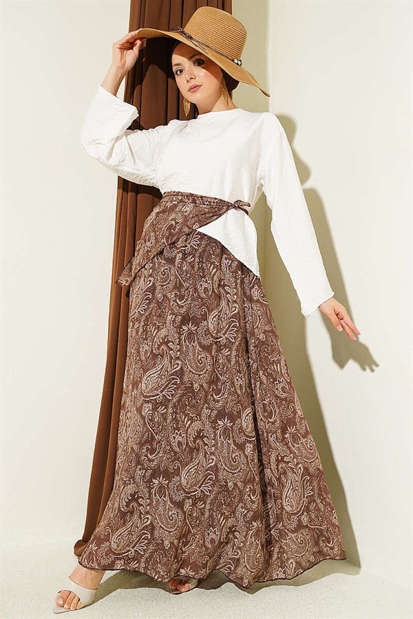 2 Piece Set with Ethnic Patterned Scarf and Skirt, Coffee