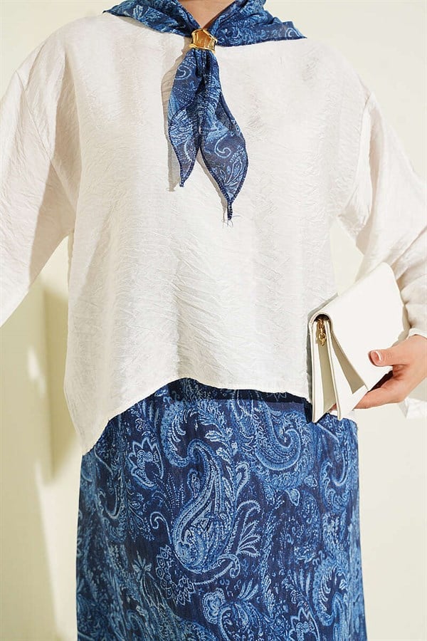 2 Piece Set with skirt and scarf, navy blue, featuring ethnic pattern.