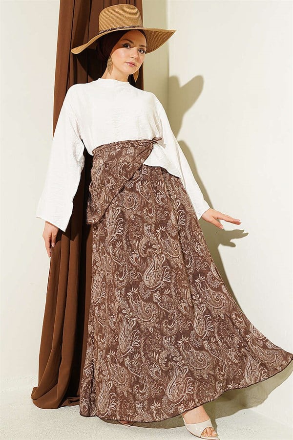 2 Piece Set with Ethnic Patterned Scarf and Skirt, Coffee